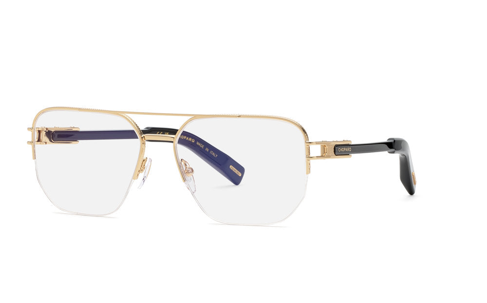 Chopard VCHM10 men's geometric semi-rimless eyeglasses in Rose Gold with a double-bridge design.