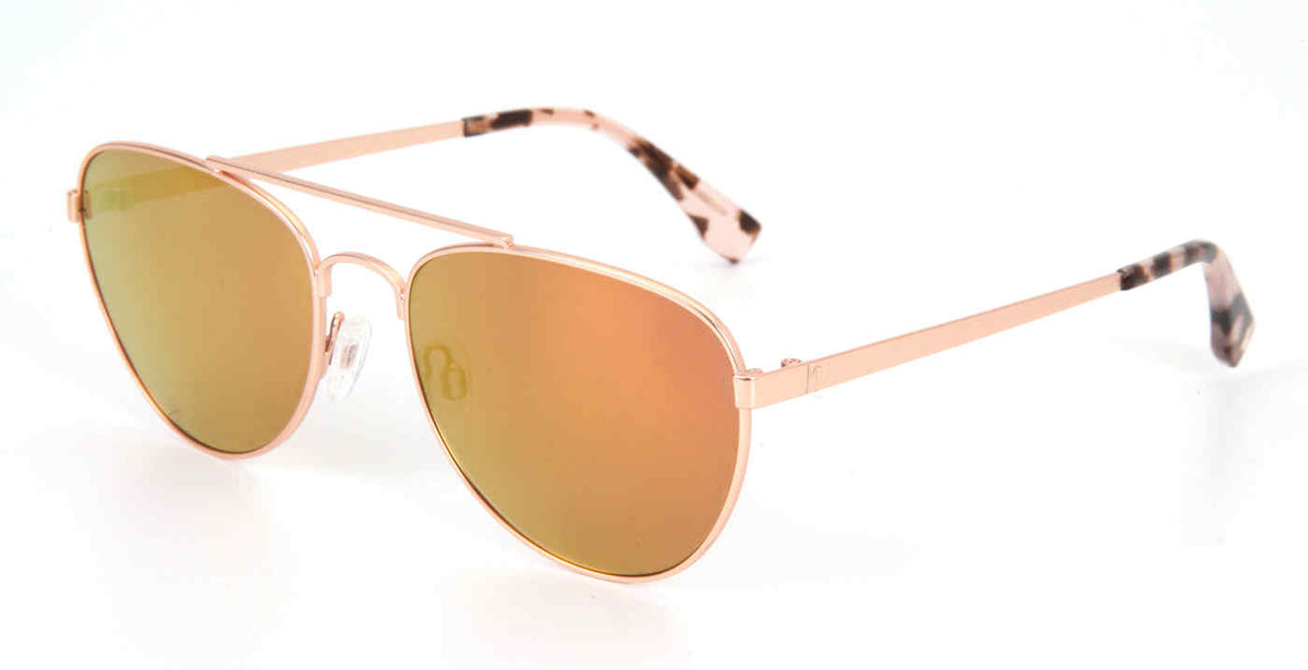 Gap SGP024 men's aviator metal sunglasses in Rose Gold with a full rim, double bridge, gold-orange lenses, and patterned temple tips.

