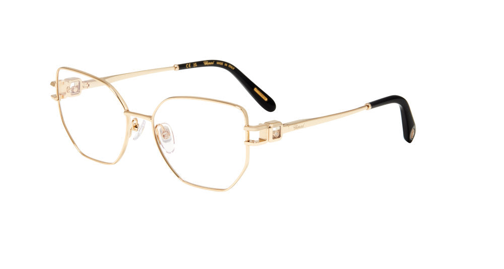 Chopard VCHM45S women's butterfly full-rim eyeglasses in Rose Gold with open geometric temple accents and black temple tips.