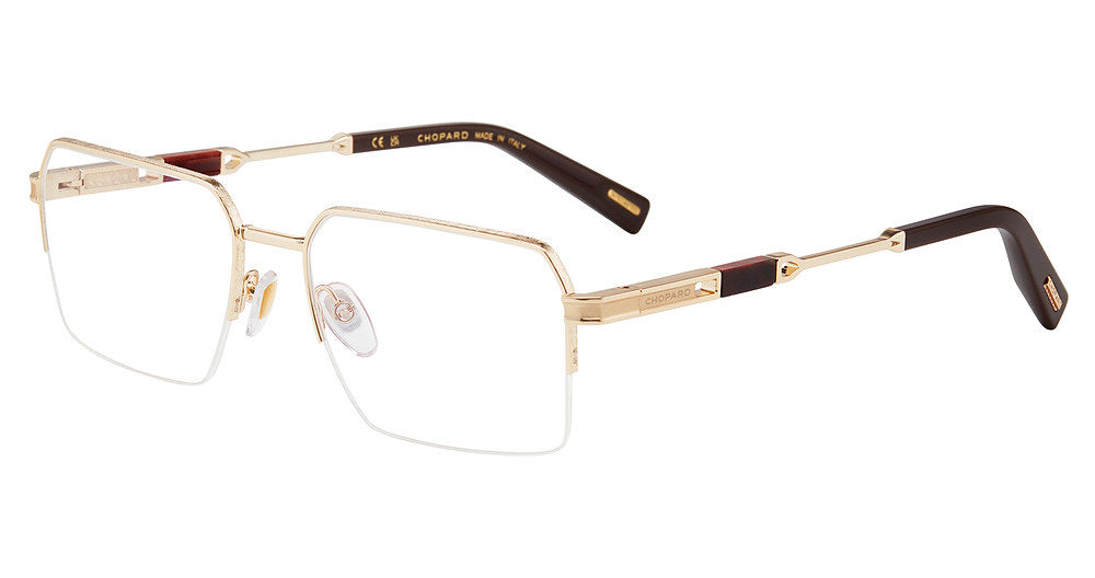 Chopard VCHM37 men's square semi-rimless eyeglasses in Rose Gold with brown temple sections.