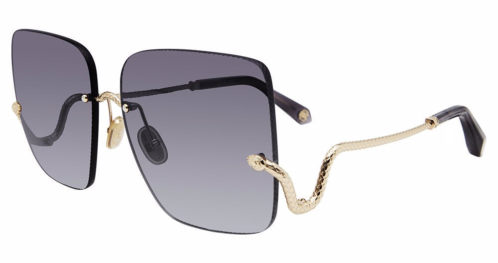 Roberto Cavalli SRC061 women's square metal sunglasses in Rose Gold with rimless gray gradient-looking lenses, curved snake-style temples, and dark temple tips.

