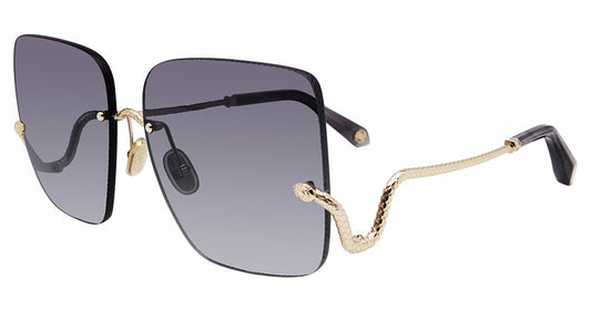 Roberto Cavalli SRC061 women's square metal sunglasses in Rose Gold with rimless gray gradient-looking lenses, curved snake-style temples, and dark temple tips.

