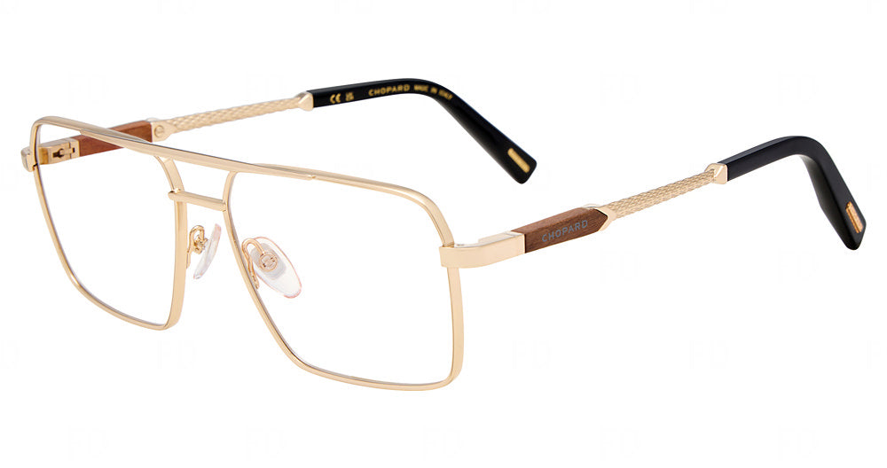 Chopard VCHM87 men's geometric metal eyeglasses in Rose Gold with a full rim, double bridge, and black temple tips.⠋