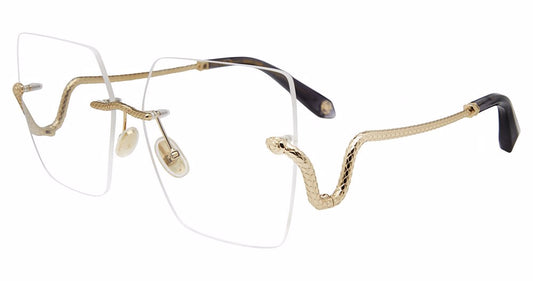 Roberto Cavalli VRC077 women's square eyeglasses in Rose Gold with a rimless-looking front and sculptural serpent bridge and temple details.

