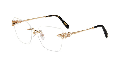 Chopard VCHM47S women's various-form rimless eyeglasses in Rose Gold with ornate temple accents and black temple tips.