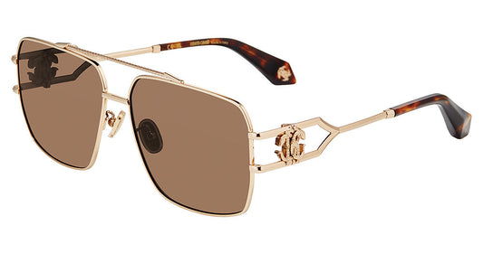 Roberto Cavalli SRC131 unisex square full-rim sunglasses in Rose Gold with brown lenses, openwork logo temples, and brown-and-amber mottled temple tips.

