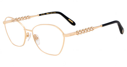 Chopard VCHM96S women's geometric metal eyeglasses in Rose Gold with a full rim, ornate temple accents, and black temple tips.