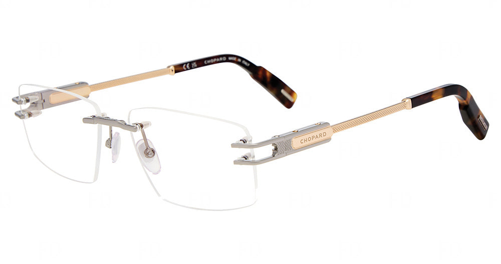 Chopard VCHM86 men's various-form metal rimless eyeglasses in Ruthenium Rose Gold with textured temples and patterned temple tips.


