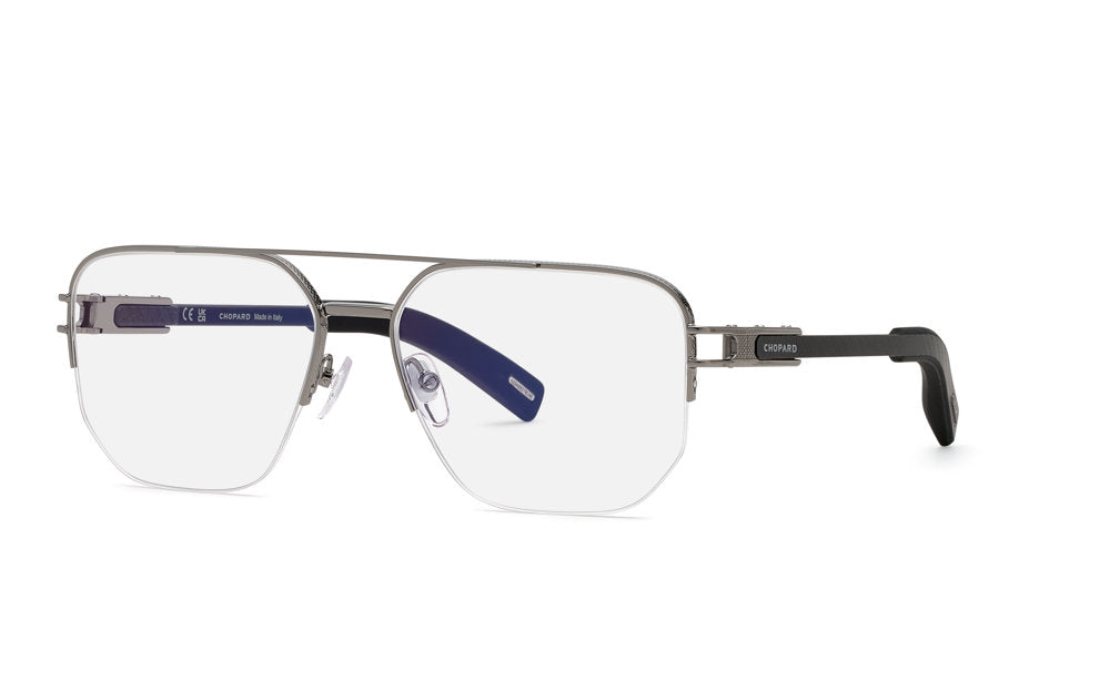 Chopard VCHM10 men's geometric semi-rimless eyeglasses in Ruthenium with a double-bridge design.

