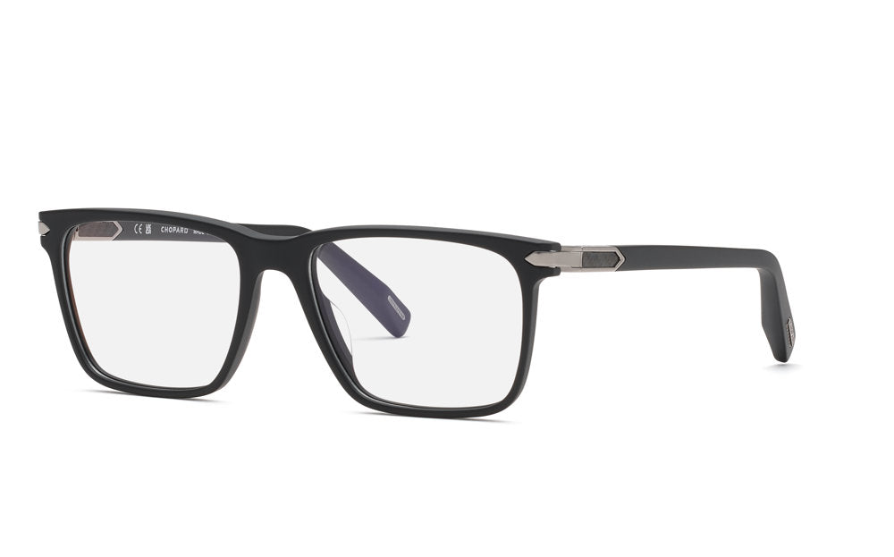 Chopard VCH409 men's square full-rim eyeglasses in Sandblasted Black with silver-tone temple accents.

