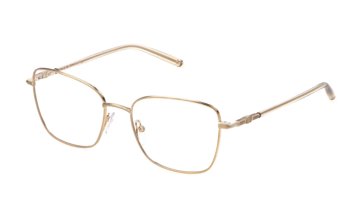 Escada VESE37 women's square eyeglasses in Satin Rose Gold, with pale warm metallic-tone rims, slender light temples, pale tips and separate nose pads.

