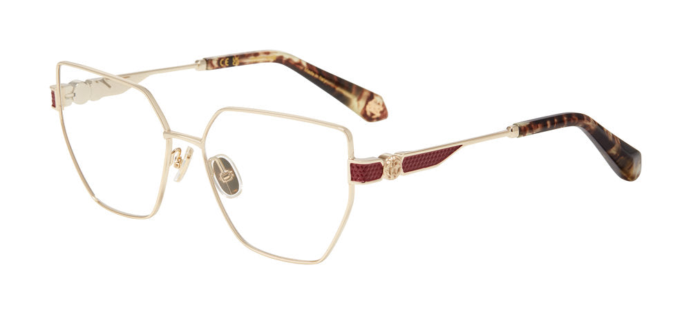 Roberto Cavalli VRC165M women's geometric full-rim eyeglasses in Shiny Light Gold with Colored Parts, burgundy temple panels and patterned tips.

