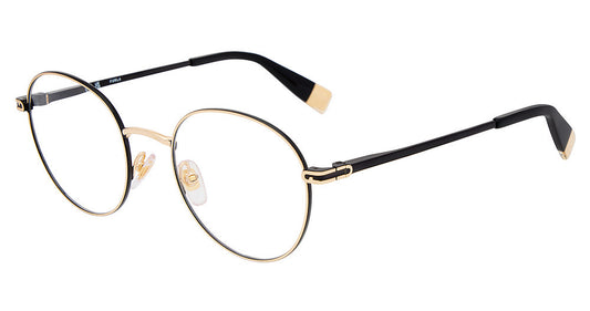Furla VFUA99 women's pantos metal eyeglasses in Shiny Rose Gold W Black with fine full rims, black accents, link-shaped side details, and separate nose pads.