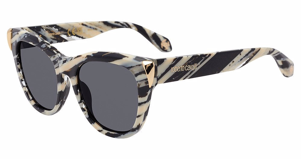 Roberto Cavalli SRC095M women's butterfly full-rim sunglasses in Shiny Brown Yellow Havana with brown-and-amber mottling, dark gradient lenses, and light metallic-toned corner accents.

