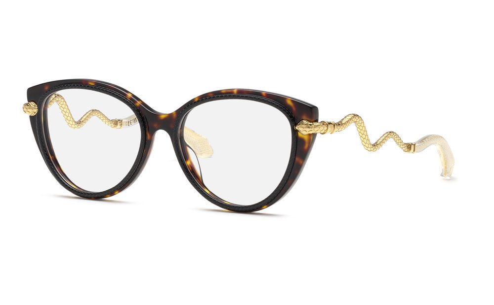 Roberto Cavalli VRC105 women's butterfly eyeglasses in Shiny Black Top Havana with full rims, winding gold-tone serpent temples, and light-toned tips.

