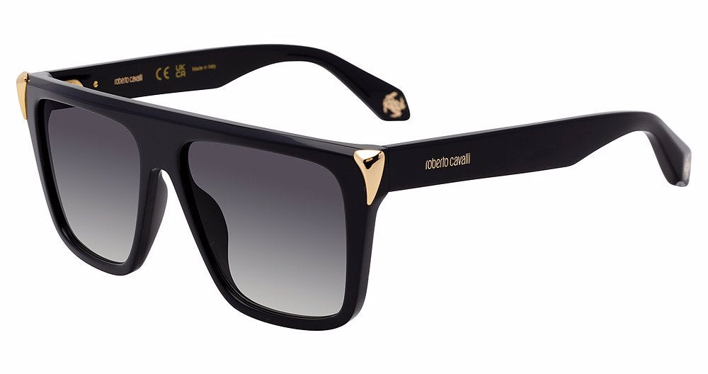 Roberto Cavalli SRC094M unisex square full-rim sunglasses in Shiny Black (0700) with gray gradient lenses and gold-toned corner accents.

