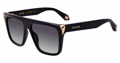 Roberto Cavalli SRC094M unisex square full-rim sunglasses in Shiny Black (0700) with gray gradient lenses and gold-toned corner accents.

