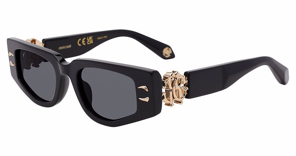 Roberto Cavalli SRC057M women's square sunglasses in Shiny Black with full rims, gray-tinted lenses, and gold-toned front and decorative temple accents.