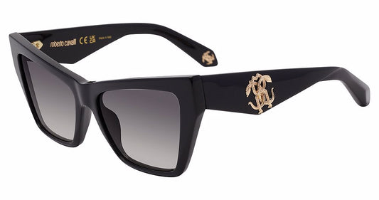 Roberto Cavalli SRC114 women's butterfly full-rim sunglasses in Shiny Black with gray gradient lenses, broad temples, and gold-toned temple logos.

