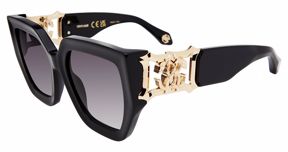 Roberto Cavalli SRC089 women's geometric full-rim sunglasses in Shiny Black with gray gradient-looking lenses and gold-toned openwork side details.


