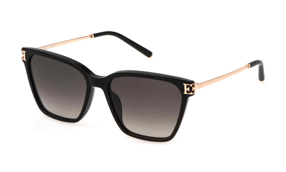 Escada SESE47 women's square sunglasses in Shiny Black, with gold-tone E-shaped corner accents, slim gold-tone temples, black tips and smoky gradient-looking lenses.