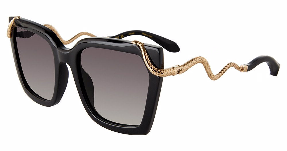 Roberto Cavalli SRC034M women's butterfly sunglasses in Shiny Black with black full rims, gray gradient-looking lenses, gold-toned snake-shaped temples, and dark tips.