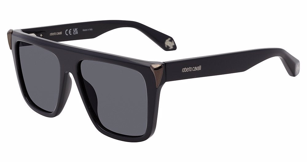 Roberto Cavalli SRC094M unisex square full-rim sunglasses in Shiny Black (700Y) with gray lenses and dark metallic-toned corner accents.

