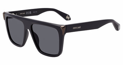Roberto Cavalli SRC094M unisex square full-rim sunglasses in Shiny Black (700Y) with gray lenses and dark metallic-toned corner accents.

