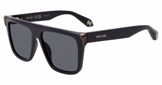 Roberto Cavalli SRC094M unisex square full-rim sunglasses in Shiny Black (700Y) with gray lenses and dark metallic-toned corner accents.

