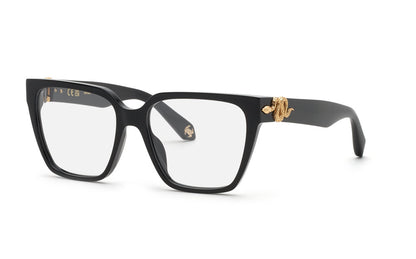 Roberto Cavalli VRC145M women's butterfly full-rim eyeglasses in Shiny Black with gold-tone snake temple emblems.