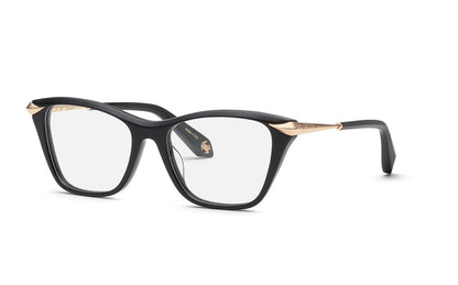 Roberto Cavalli VRC144M women's cat-eye full-rim eyeglasses in Shiny Black with tapered gold-tone corner and temple accents.

