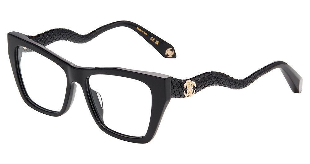 Roberto Cavalli VRC117M women's square full-rim eyeglasses in Shiny Black with sculpted scale-textured temples and gold-tone emblems.

