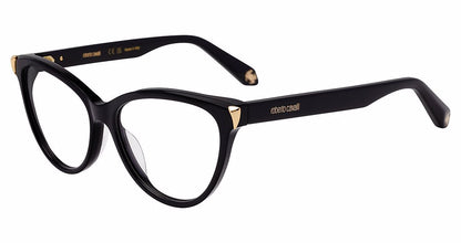 Roberto Cavalli VRC102M women's butterfly eyeglasses in Shiny Black with gold-tone corner accents and branded temples.

