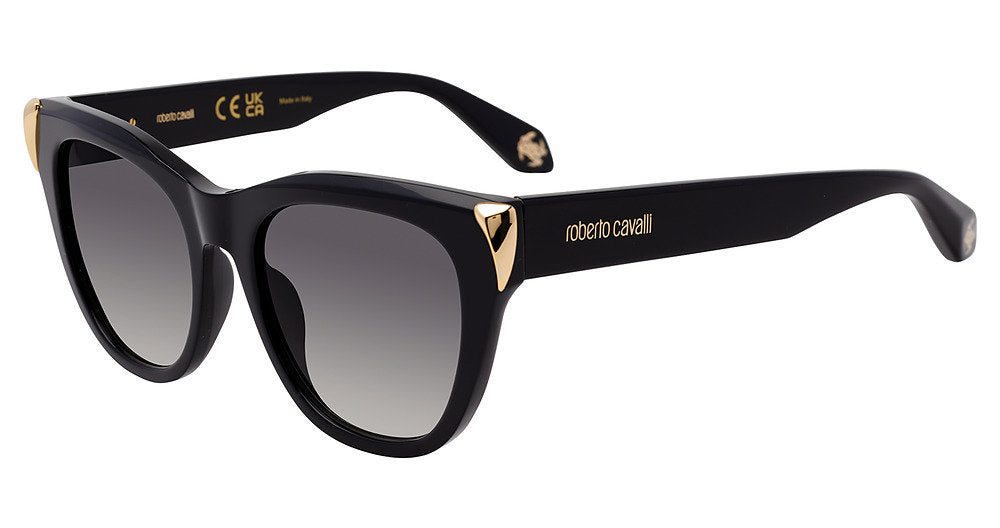 Roberto Cavalli SRC095M women's butterfly full-rim sunglasses in Shiny Black with gray gradient lenses and gold-toned corner accents.

