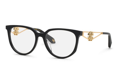 Roberto Cavalli VRC148 women's butterfly full-rim eyeglasses in Shiny Black with gold-tone openwork temples and decorative emblems.

