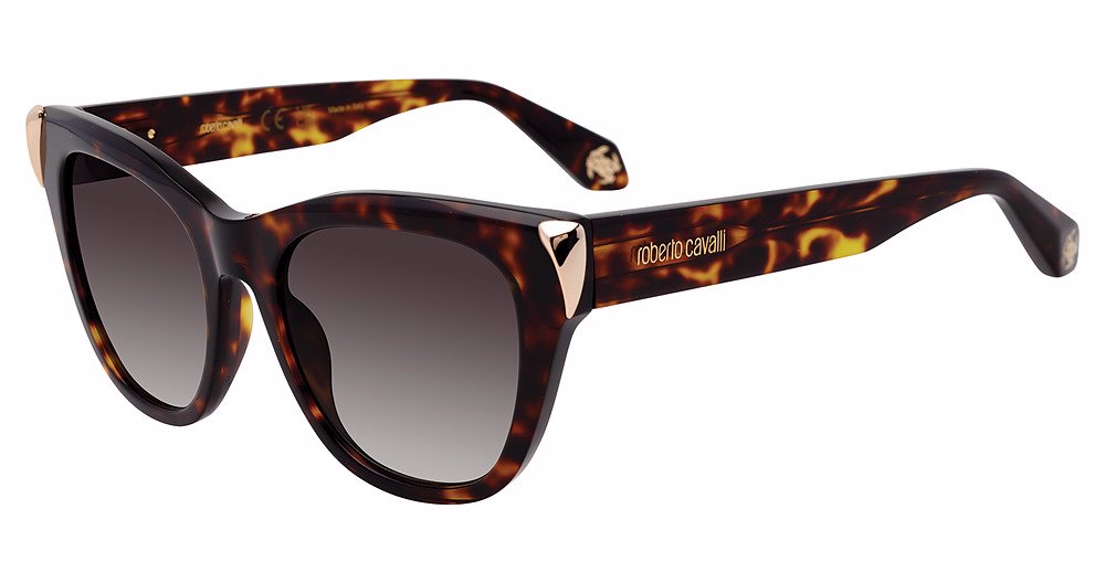Roberto Cavalli SRC095M women's butterfly full-rim sunglasses in Shiny Brown Yellow Havana with brown-and-amber mottling, dark gradient lenses, and light metallic-toned corner accents.

