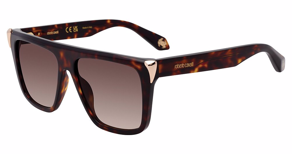 Roberto Cavalli SRC094M unisex square full-rim sunglasses in Shiny Brown Yellow Havana with brown-and-amber mottling, brown gradient lenses, and light metallic-toned corner accents.

