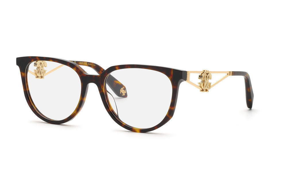 Roberto Cavalli VRC148 women's butterfly full-rim eyeglasses in Shiny Brown Yellow Havana with gold-tone openwork temples and decorative emblems.


