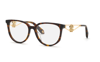 Roberto Cavalli VRC148 women's butterfly full-rim eyeglasses in Shiny Brown Yellow Havana with gold-tone openwork temples and decorative emblems.

