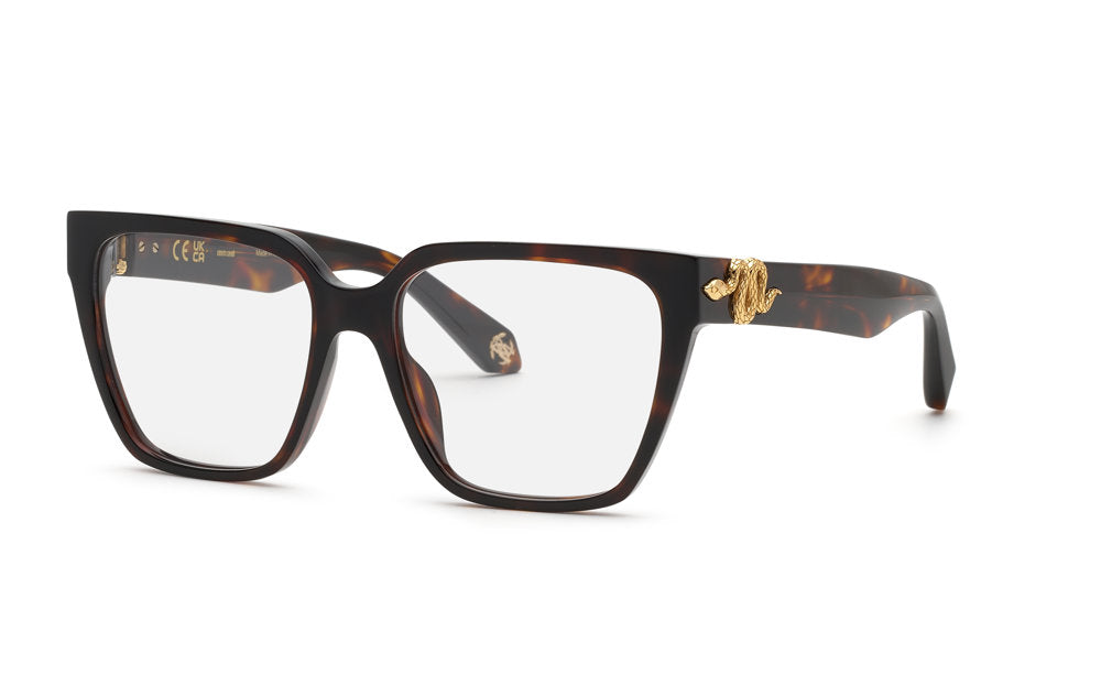 Roberto Cavalli VRC145M women's butterfly full-rim eyeglasses in Shiny Brown Yellow Havana with gold-tone snake temple emblems.

