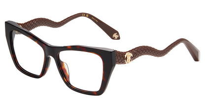 Roberto Cavalli VRC117M women's square full-rim eyeglasses in Shiny Brown Yellow Havana with sculpted scale-textured temples and gold-tone emblems.

