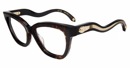 Roberto Cavalli VRC072 women's butterfly eyeglasses in Shiny Dark Havana with full rims and gold-tone serpent temple detailing.

