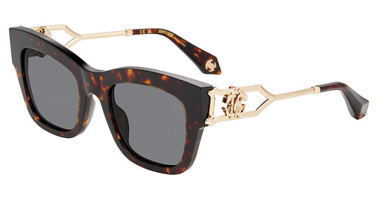 Roberto Cavalli SRC130 women's square full-rim sunglasses in Shiny Dark Havana with brown-and-amber mottling, gray lenses, and gold-toned openwork temples.

