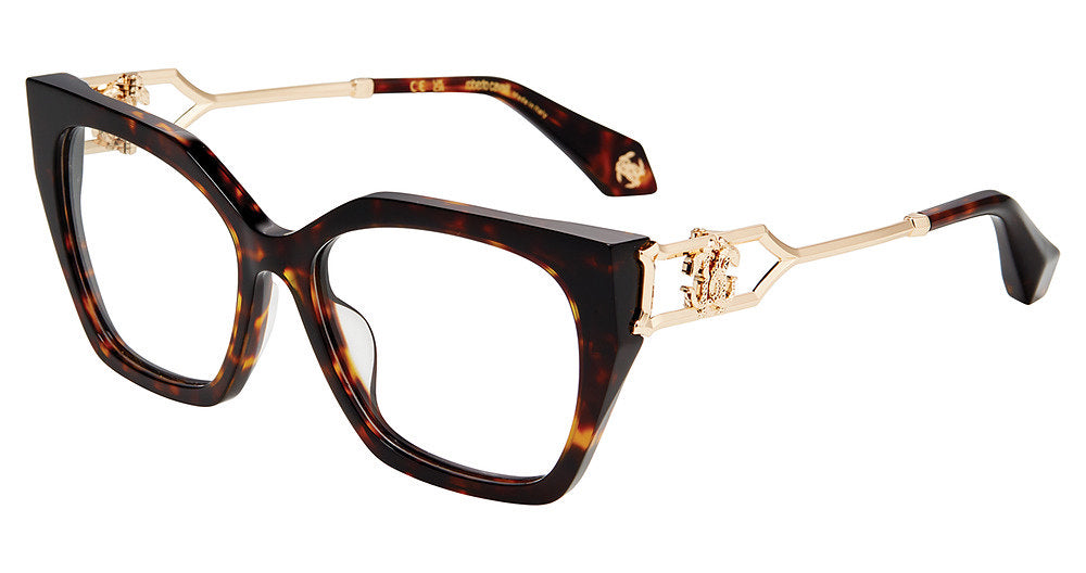 Roberto Cavalli VRC120 women's butterfly full-rim eyeglasses in Shiny Dark Havana with gold-tone openwork temples and decorative emblems.

