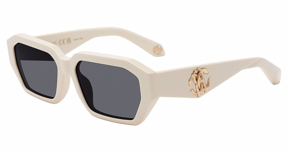 Roberto Cavalli SRC113 women's geometric full-rim sunglasses in Shiny Full Cream with gray lenses, broad temples, and gold-toned temple logo accents.

