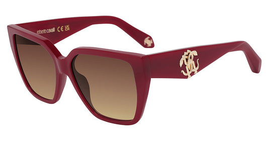 Roberto Cavalli SRC137 women's square full-rim sunglasses in Shiny Full Red with brown gradient-looking lenses and gold-toned temple logos.

