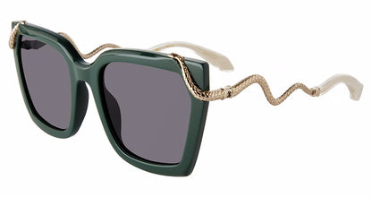 Roberto Cavalli SRC034M women's butterfly sunglasses in Shiny Full Turquoise with deep green-toned full rims, dark lenses, gold-toned snake-shaped temples, and pale tips.

