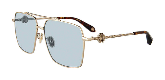 Roberto Cavalli SRC036V unisex navigator sunglasses in Shiny Grey Gold with full rims, light blue-gray lenses, textured temples, side monograms, and brown-patterned tips.

