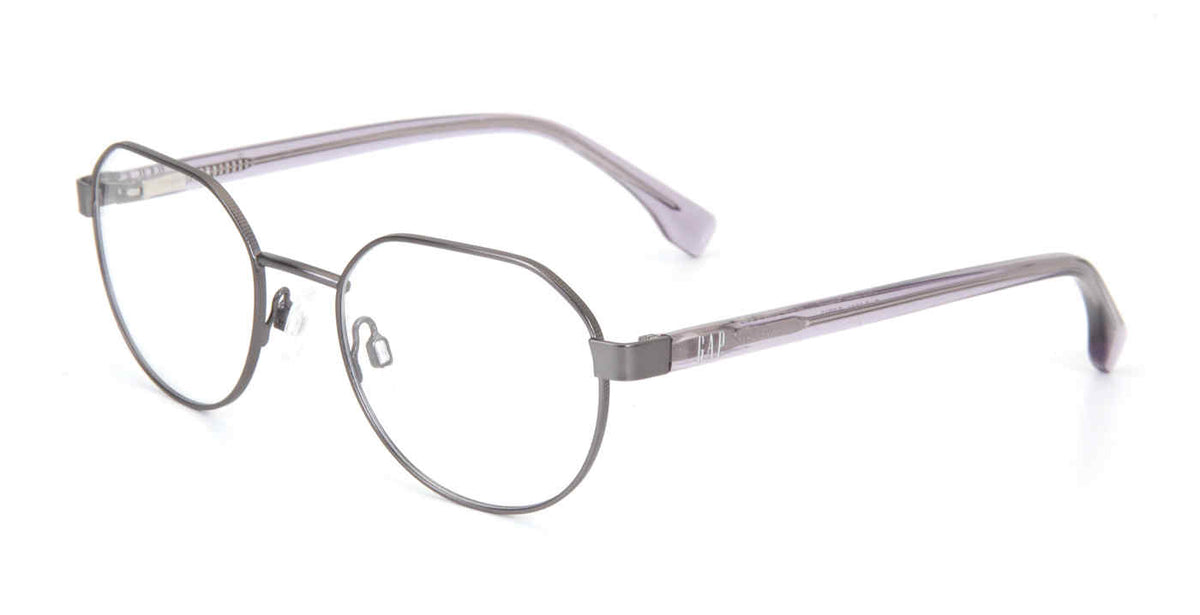 Gap VGP030 men's modified-rounded metal eyeglasses in Shiny Gun with a full rim, adjustable nose pads, and pale translucent temples.

