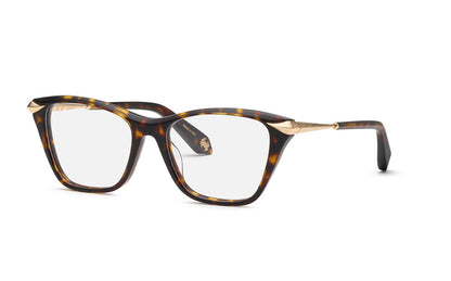 Roberto Cavalli VRC144M women's cat-eye full-rim eyeglasses in Shiny Havana with tapered gold-tone corner and temple accents.

